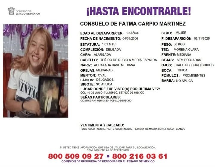 Desde el pasado lunes 3 de noviembre la joven de 19 años fue reportada como desaparecida por sus familiares. Foto: especial