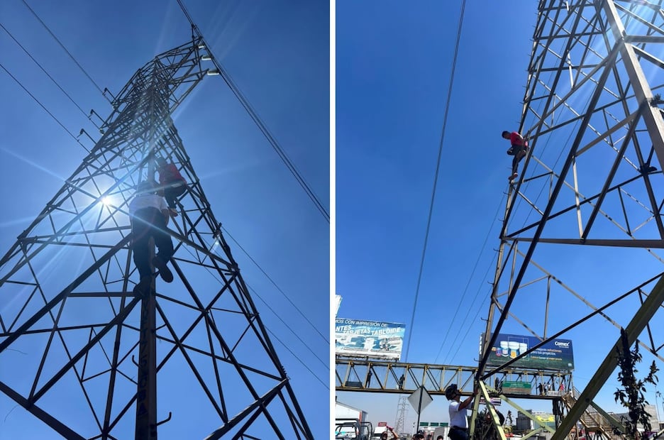 Paramédicos y policías municipales coordinan el ascenso a la torre de alta tensión para auxiliar al hombre. Foto Especial
