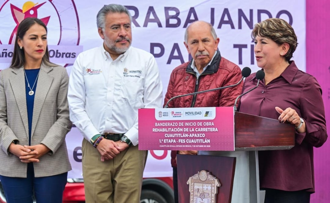La gobernadora Delfina Gómez dio el banderazo oficial para iniciar los trabajos en la carretera Cuautitlán-Apaxco. Foto Especial