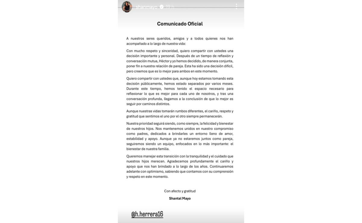 Shantal Mayo emitió un comunicado en Instagram donde anuncio la separación con Héctor Herrera. Foto: @shanmayo / IG