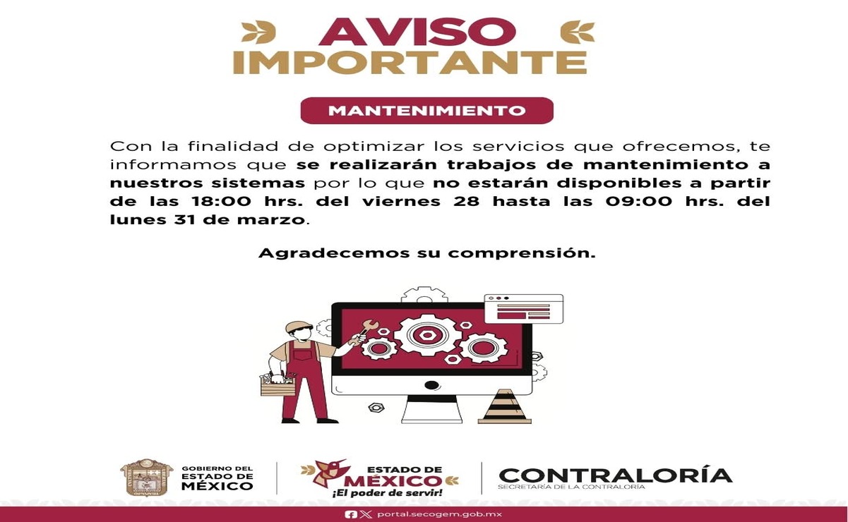 Del 28 al 31 de marzo se realizaran trabajos de mantenimiento en las paginas de la Secretaría de la Contraloría. Foto: Especial