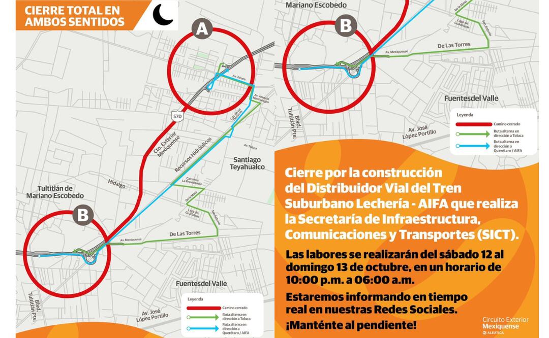 SICT, mantendrán cerrado el tramo, en ambos sentidos, que va de la caseta de cobro T5 Tultitlán Foto: Especial