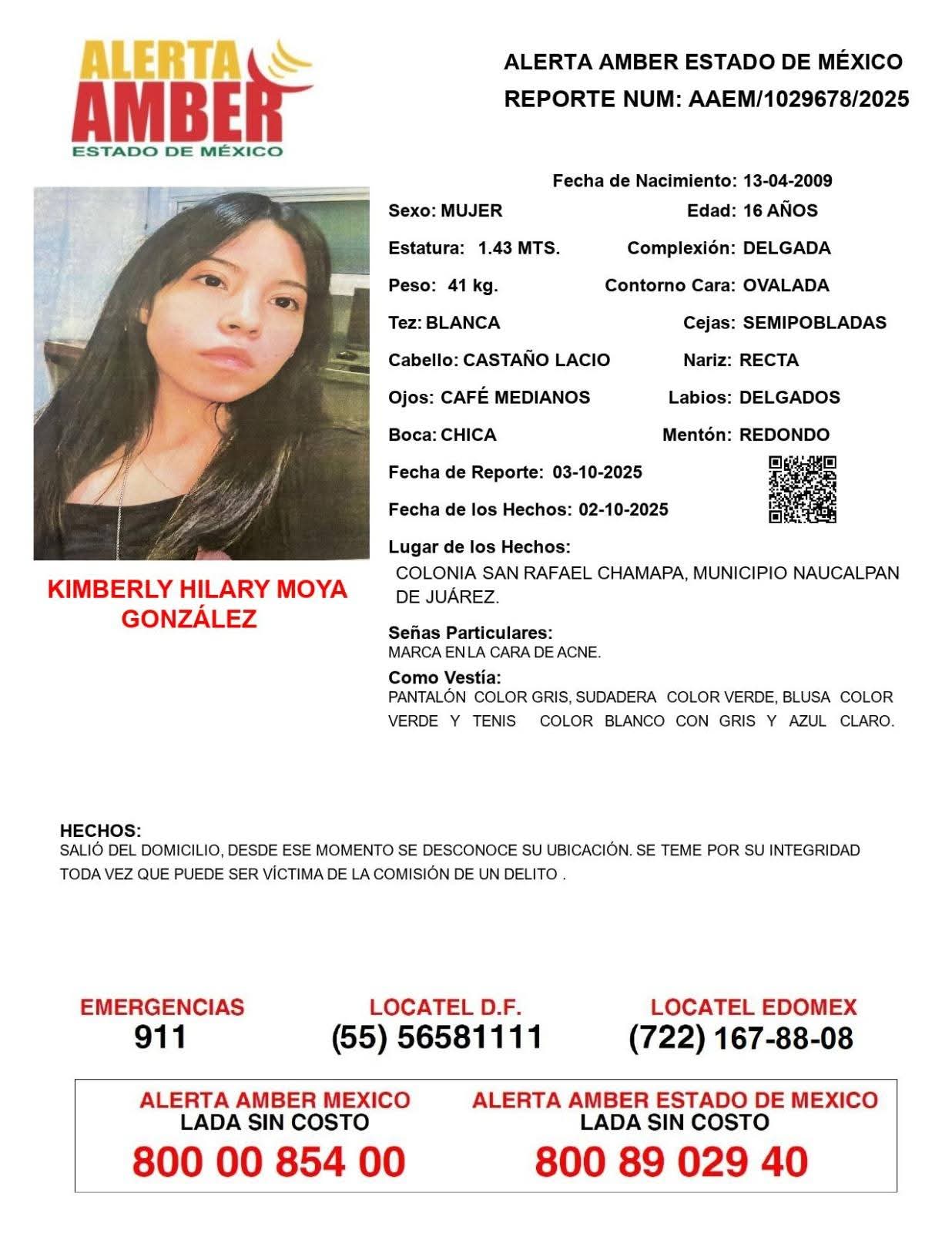 Naucalpan, Méx.- Las labores de búsqueda para localizar a Kimberly Hilary Moya González, de 16 años, continúan de manera coordinada entre la Fiscalía General de Justicia del Estado de México (FGJEM)