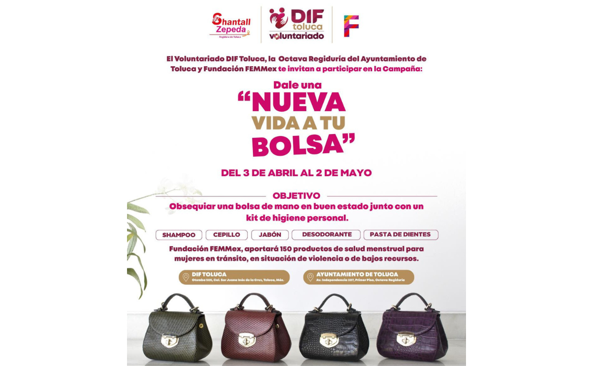 Ciudadanos de Toluca son invitados a donar bolsas de mano con artículos de higiene para mujeres vulnerables. Foto: Especial