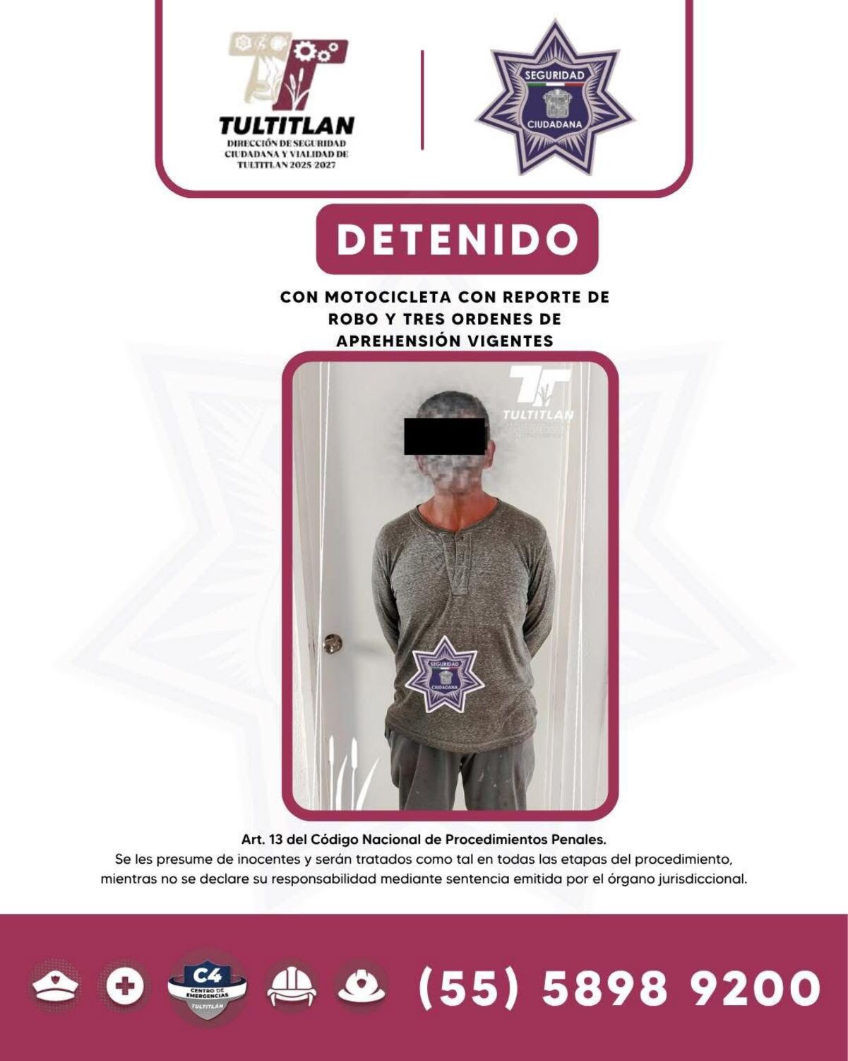 Operativo en Tultitlán: Detienen a conductor de motocicleta con reporte de robo