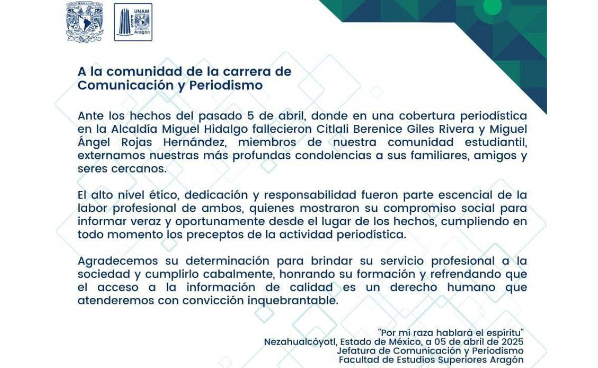 La comunidad de la UNAM llora la pérdida de Citlali Berenice Giles Rivera y Miguel Ángel Rojas Hernández, dos apasionados del fotoperiodismo. Foto: Especial