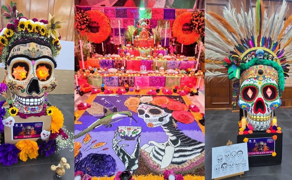 Detalle de la tradicional ofrenda instalada en el Poder Legislativo, adornada con elementos clásicos como copal, flores de cempasúchil y fruta. Foto Especial