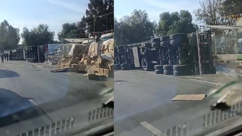 ¡Caos vial en Ecatepec! Tráiler cargado de tarimas vuelca en la Lechería-Texcoco