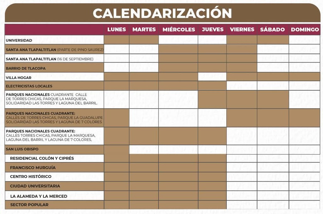 El Organismo de Agua y Saneamiento de Toluca (OAyST) publicó un calendario detallando los días de corte por colonia. Foto Especial