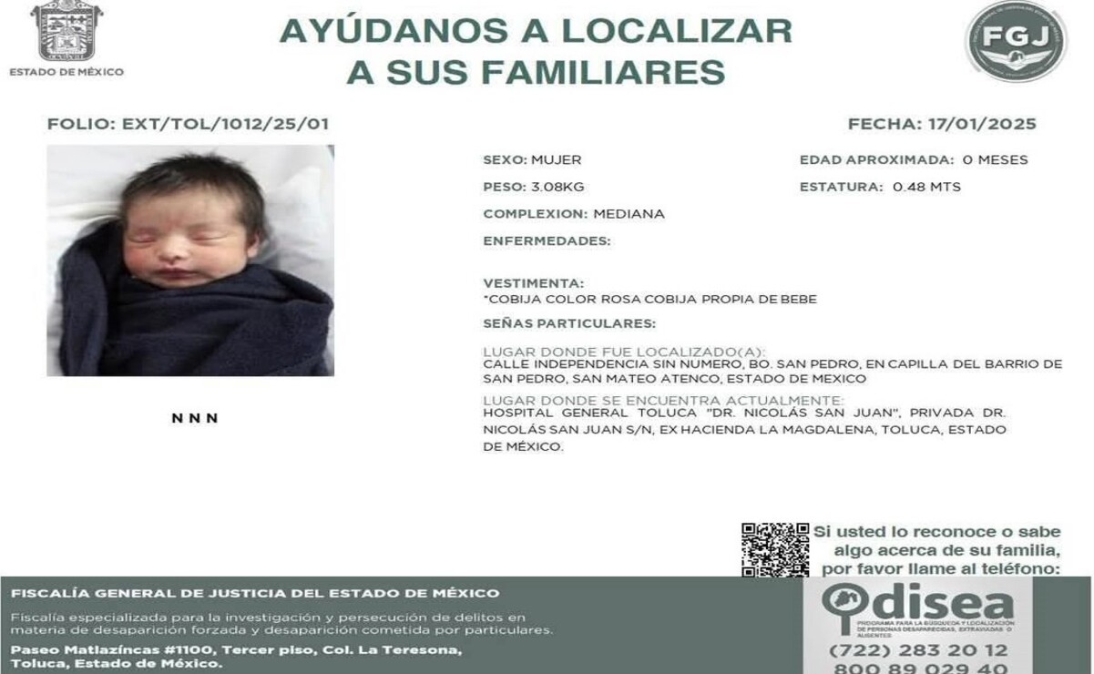 Autoridades solicitan apoyo de la ciudadanía para encontrar a los familiares de la recién nacida abandonada. Foto: Especial