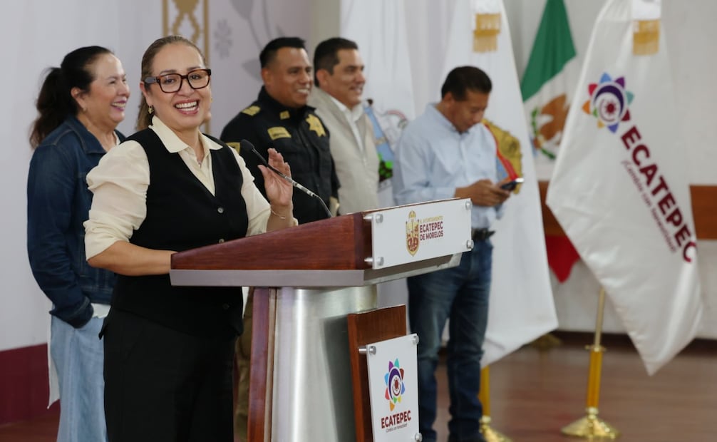Azucena Cisneros Coss, alcaldesa de Ecatepec, durante la conferencia de prensa sobre los avances en materia de seguridad. Foto Especial