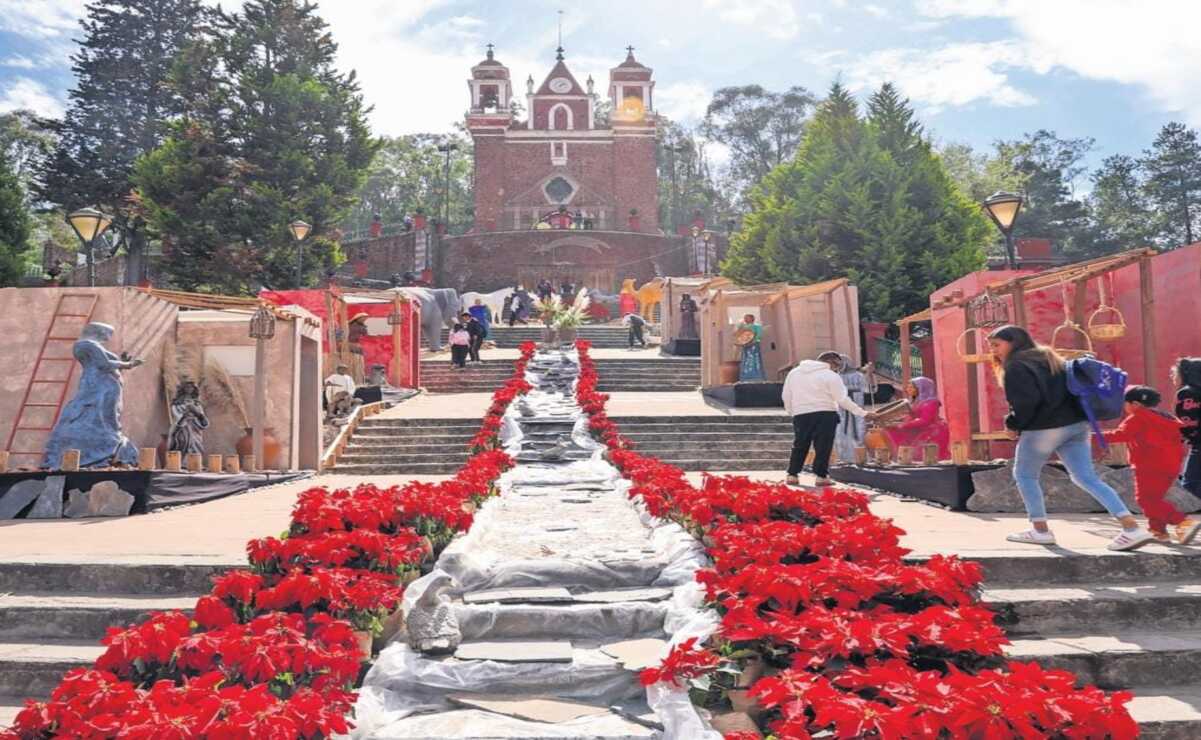 600 Flores de nochebuena adornan el nacimiento de barro. Foto: Arturo Hernández