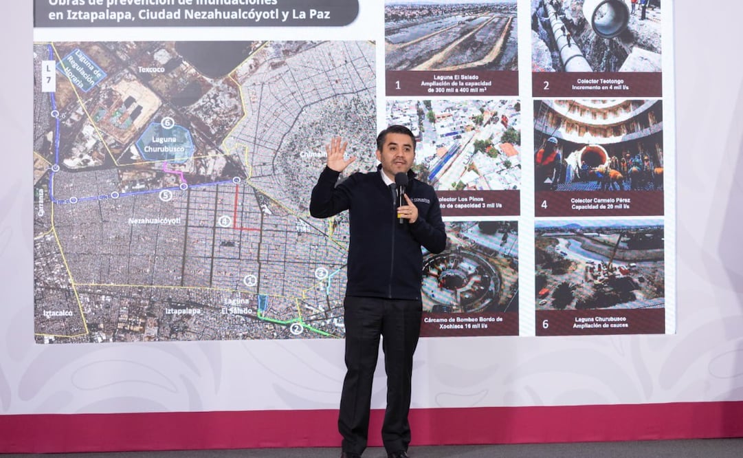 El director de la Conagua explicó los trabajos que se llevan a cabo durante la conferencia Mañanera. Foto. especial