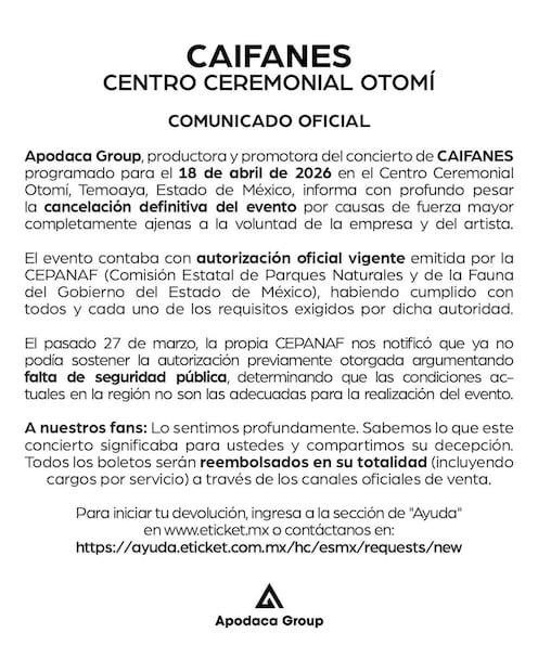 Apodaca Group aseguró que todos los boletos serán reembolsados en su totalidad. Foto. Especial