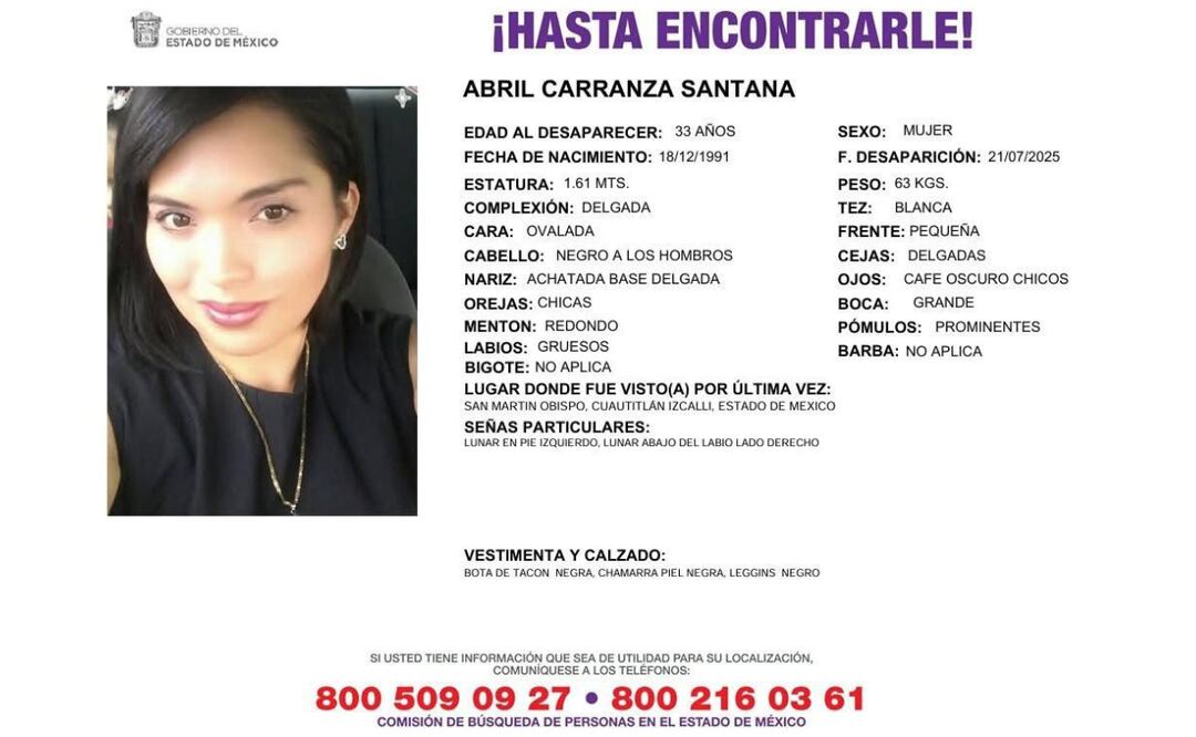 Desaparece Abril Carranza en Cuautitlán Izcalli. Toda información es vital para su familia. Foto: Especial