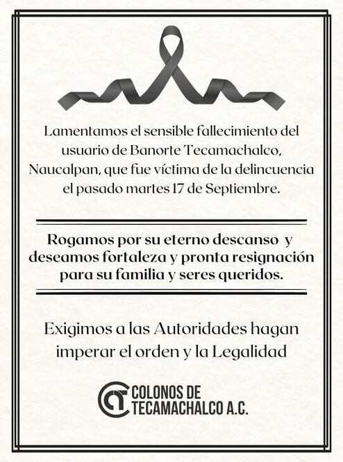 Foto de la esquela que rinde honor al hombre asaltado y fallecido en Tecamachalco