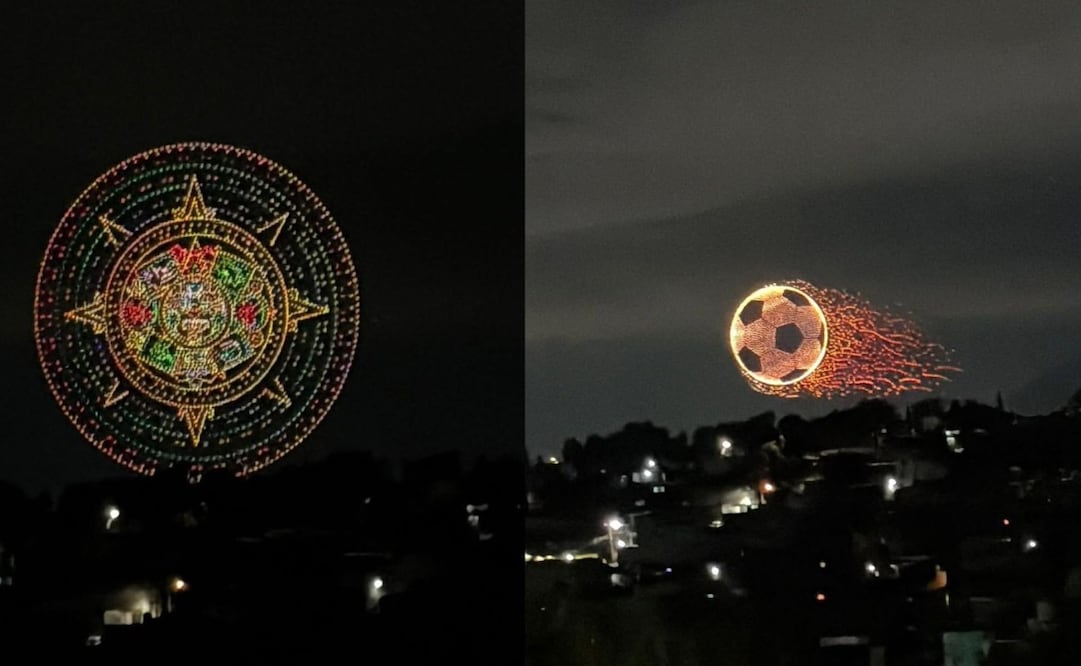 Las luces iluminaron el cielo de Cuautitlán Izcalli con las siluetas de un calendario azteca y un balón. Foto. Especial