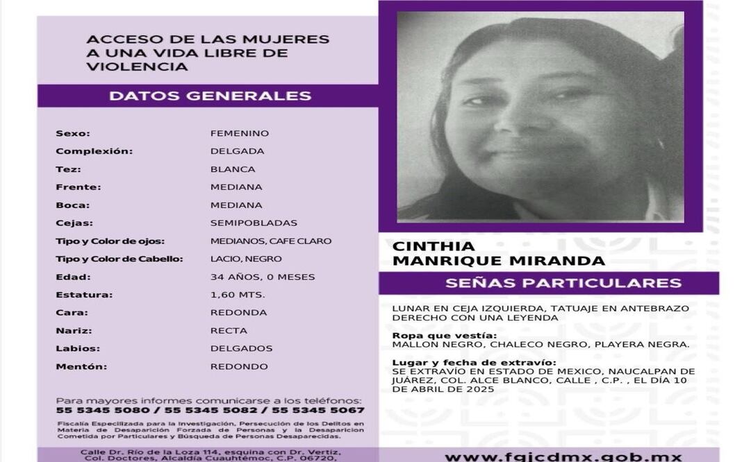 El lugar en el que fue encontrada Cinthia Manrique Miranda no ha sido informado por las autoridades / Foto: Especial