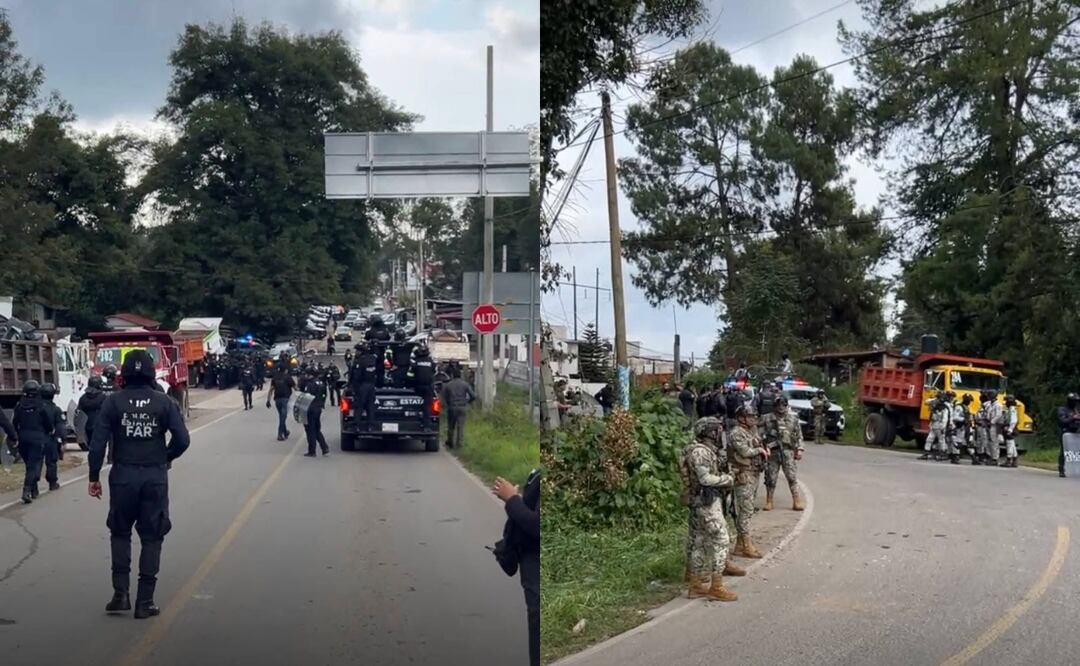Elementos de seguridad dialogan con manifestantes para liberar el acceso al municipio, que permaneció bloqueado por nueve horas. Foto: Especial