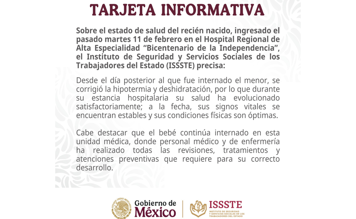 ISSSTE asegura que el bebé sigue estable en el Hospital de Alta Especialidad Bicentenario de la Independencia del Instituto de Seguridad y Servicios Sociales. Foto: Especial