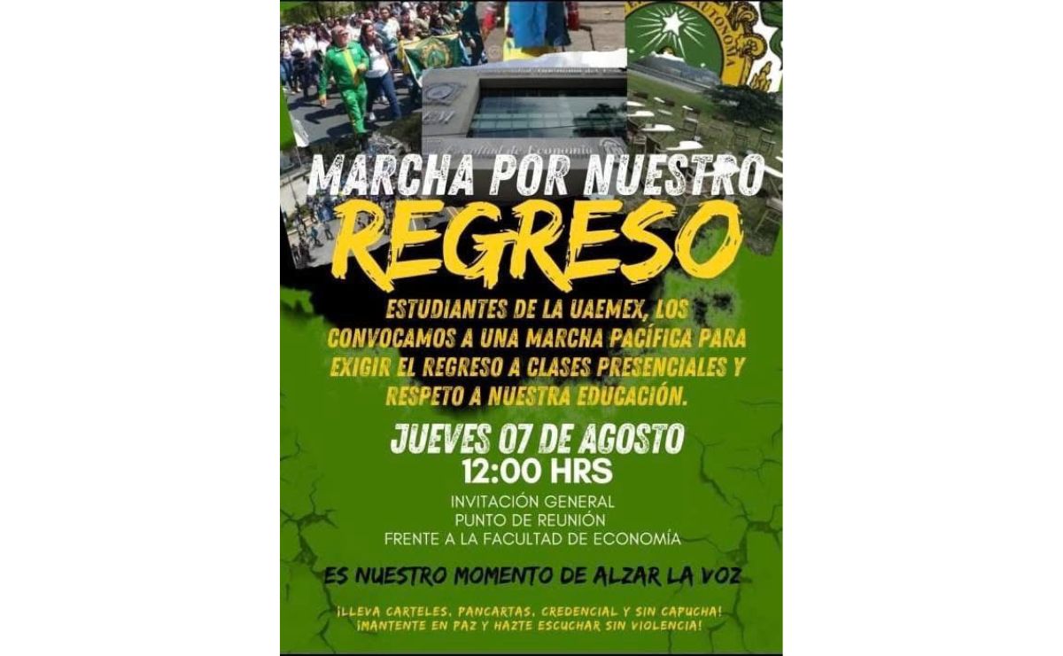 ¡Marcha por Nuestro Regreso! Estudiantes de la UAEMéx salen a las calles por su educación. Foto: Especial
