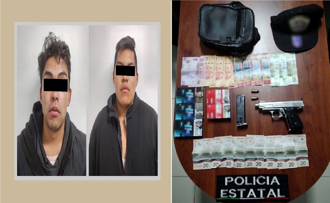 A los detenidos se les aseguro una pistola calibre .9 milímetros, un cargador, dos cartuchos útiles, dinero y cajetillas de cigarros. Foto: Especial