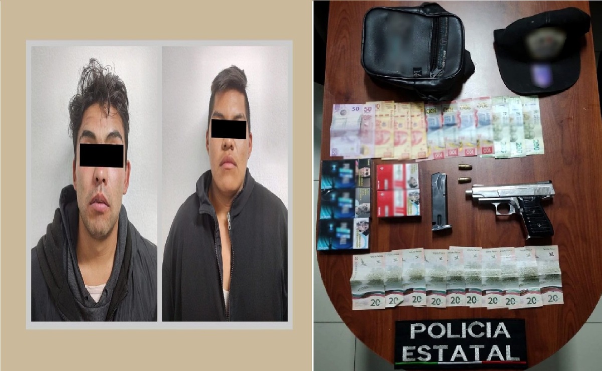 A los detenidos se les aseguro una pistola calibre .9 milímetros, un cargador, dos cartuchos útiles, dinero y cajetillas de cigarros. Foto: Especial