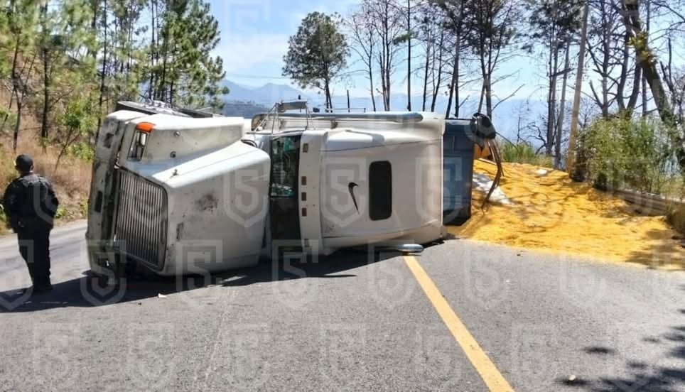Tráiler cargado con alimento vuelca en curva de la carretera Altamirano-Toluca