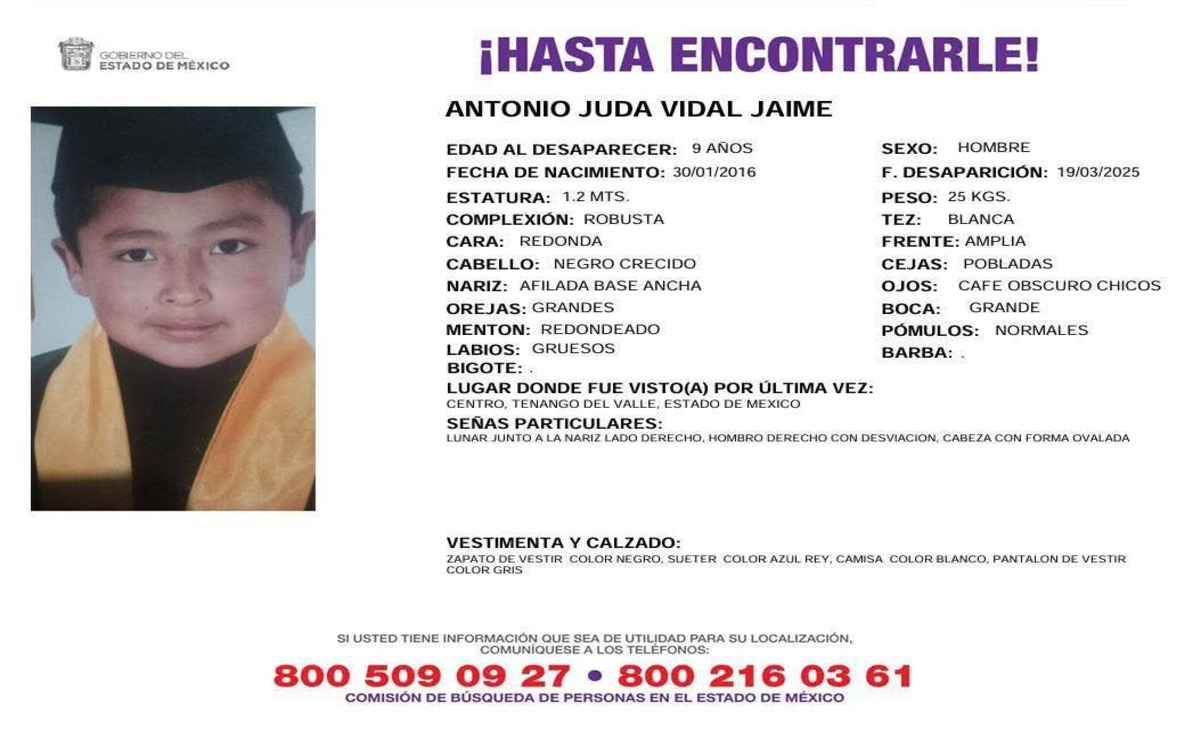 Ficha de búsqueda de Antonio Juda Vidal Jaime, menor desaparecido en Tenango de Valle. Foto: Especial