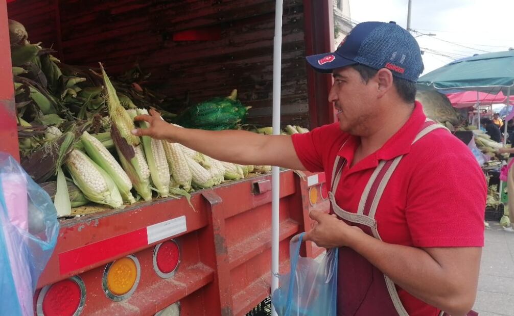 Damián recorre largas distancias desde Calimaya para vender sus elotes ante la falta de compradores directos en sus milpas. Foto Claudia Rodríguez / El Universal