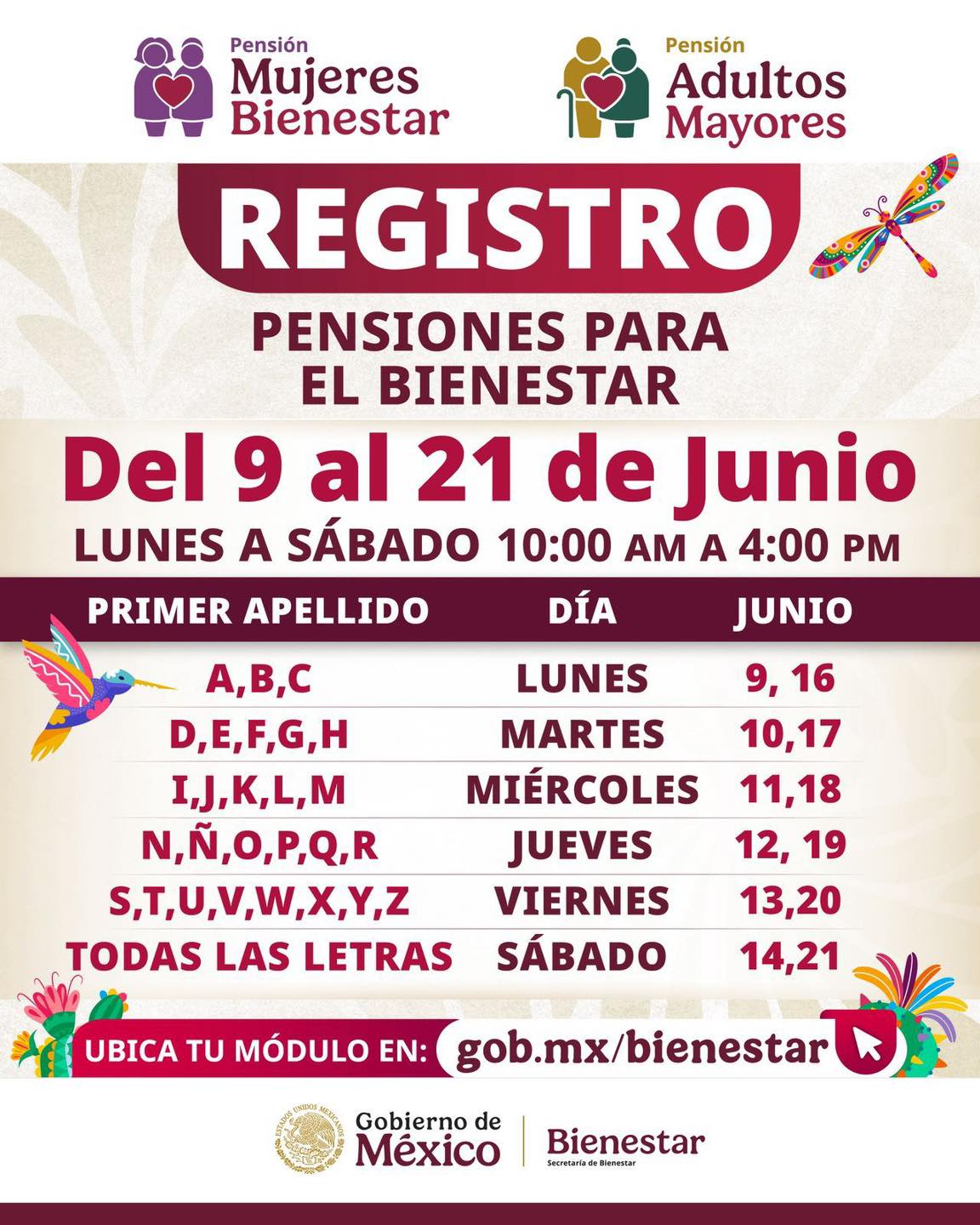 Calendario registro Pensión Adulto Mayor y Mujeres Bienestar / Foto Especial