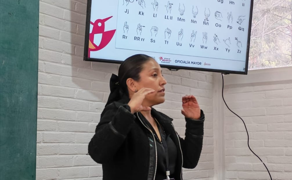 Juana López, facilitadora del Instituto de Profesionalización, instruye a servidores públicos en el uso correcto de la LSM. Foto Especial