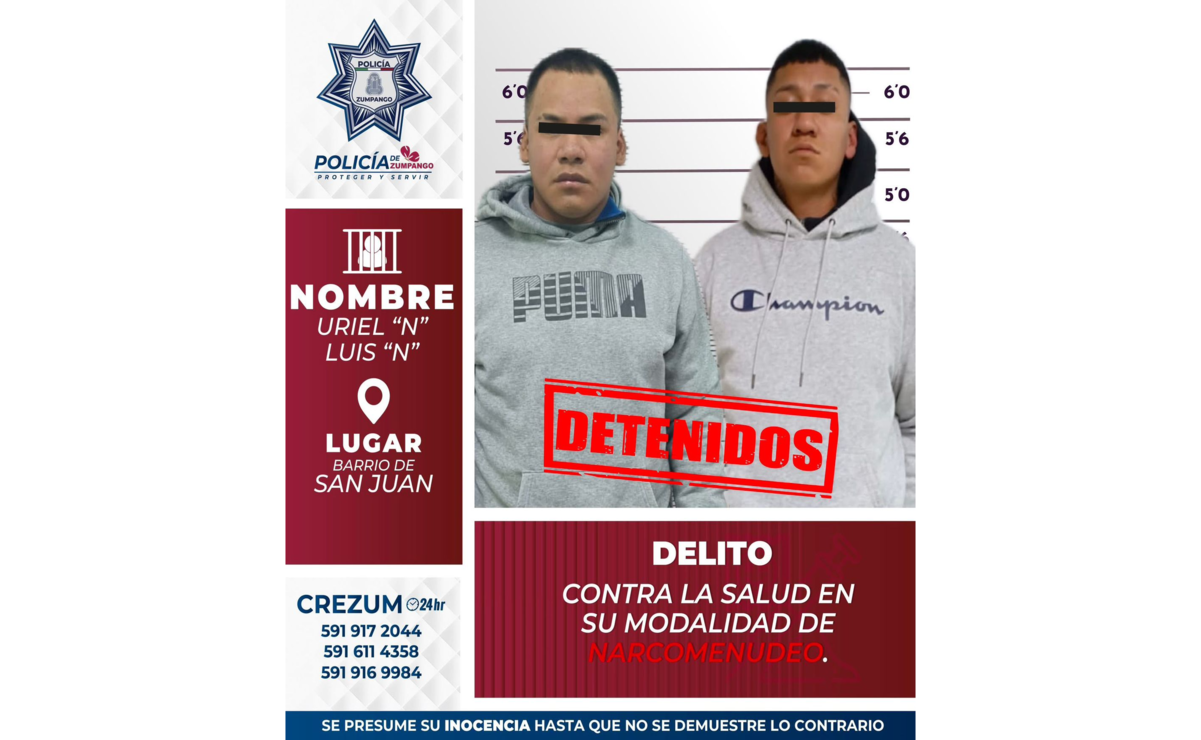Luis “N” y Uriel “N” detenidos en Zumpango. Foto: Especial