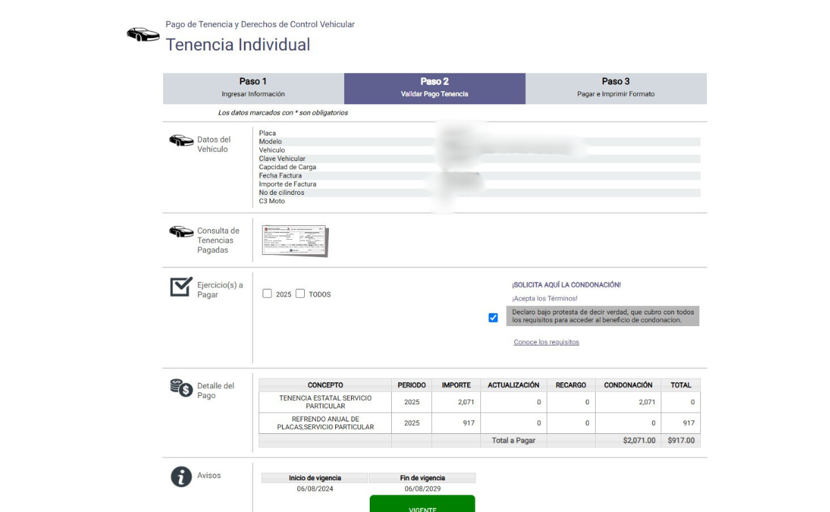 El sistema tiene precargados los datos de la unidad. Captura de pantalla