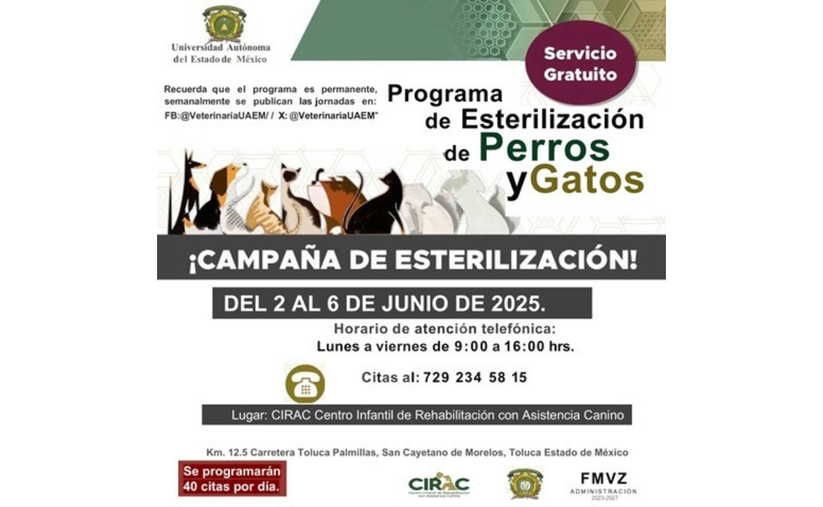 Agéndalo: La Universidad Autónoma del Estado de México abre citas para su jornada de esterilización gratuita. ¡Un servicio esencial para perros y gatos en la región de Toluca! Foto: Especial