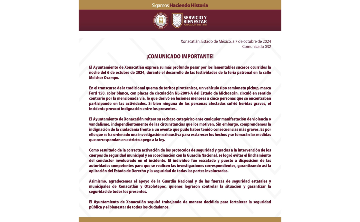 El Ayuntamiento de Xonacatlán señala que fueron cinco personas lesionadas, ninguna de ellas de gravedad y el conductor responsable fue rescatado por elementos de la Guardia Nacional. Foto: Ayuntamiento de Xonacatlán