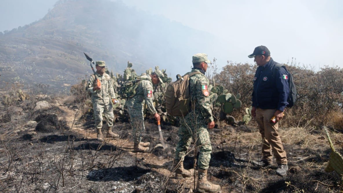 Elementos del Ejército Mexicano y voluntarios de la comunidad se sumaron a las tareas de brecheo para evitar que el fuego se extienda al basurero. Foto Especial