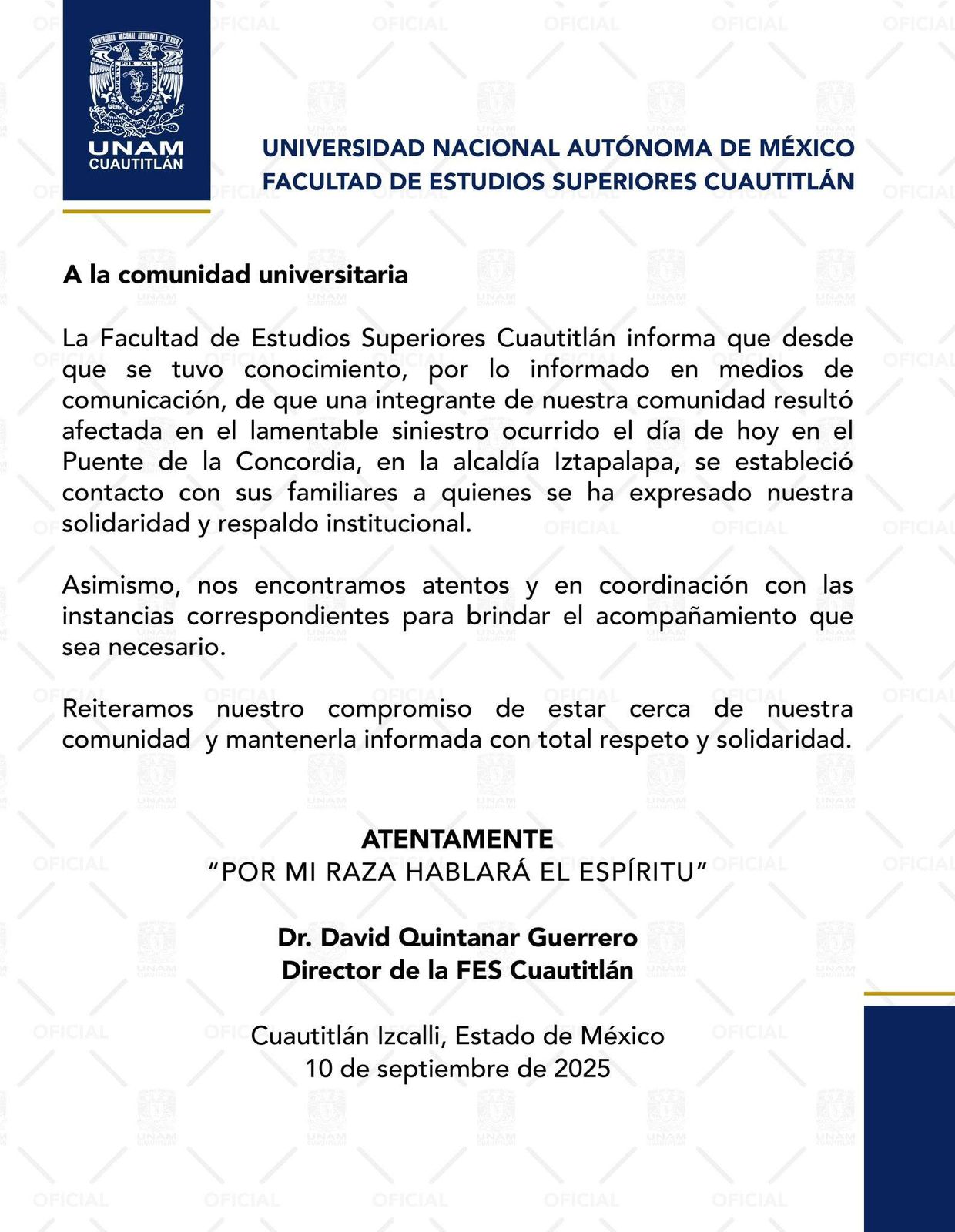 La FES Cuautitlán ofrece su respaldo a la familia / Foto Especial