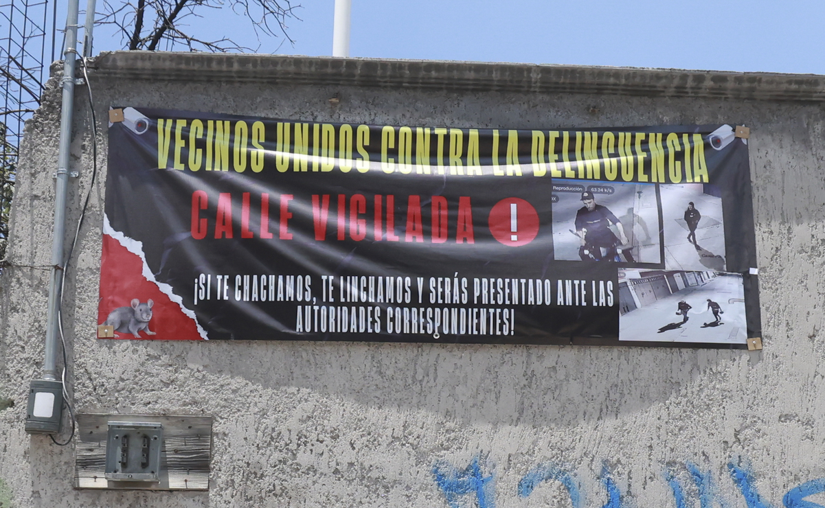 Artos de la delincuencia, los vecinos colocaron lonas con los rostros de dos presuntos delincuentes en Toluca. Foto: Captura de pantalla