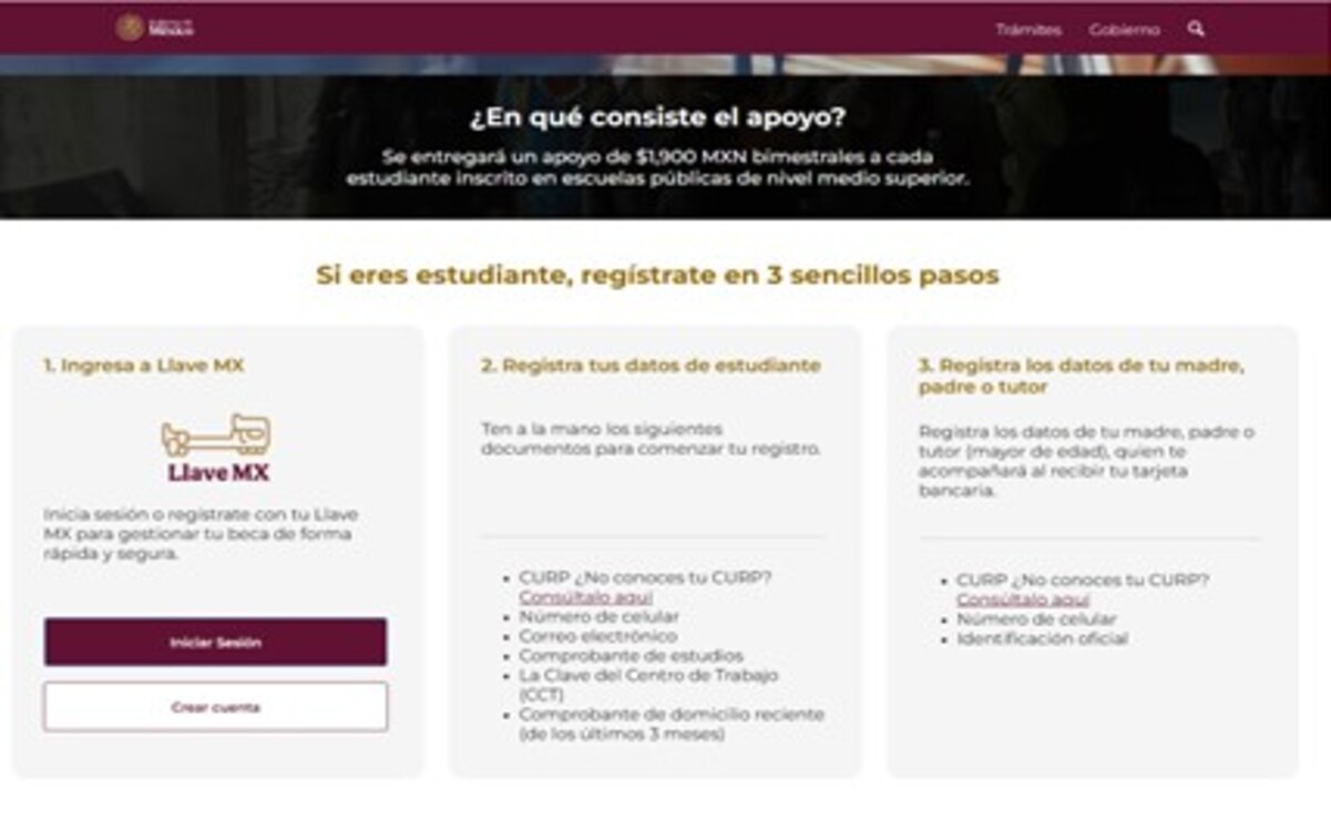 El registro para obtener la Beca Benito Juárez estará abierto a partir de hoy y hasta el 28 de febrero. Captura de pantalla