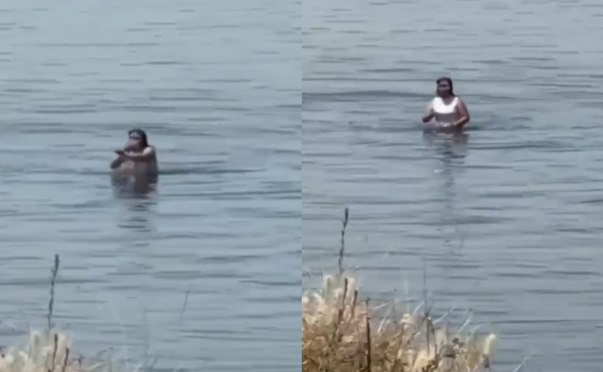 Video: ¡Se burló de la advertencia! Captan a mujer nadando en la peligrosa Laguna de Zumpango