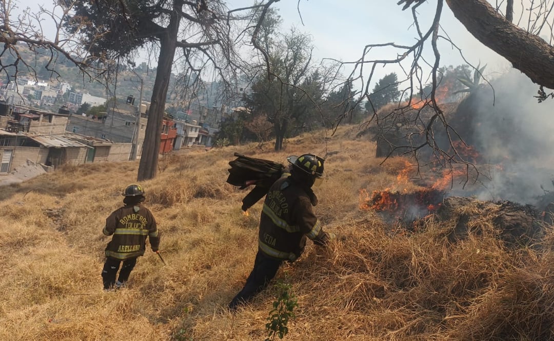 Bomberos de Toluca trabajaron para sofocar el incendio de pastizal en el cerro de Santiago Miltepec. Foto: Especial