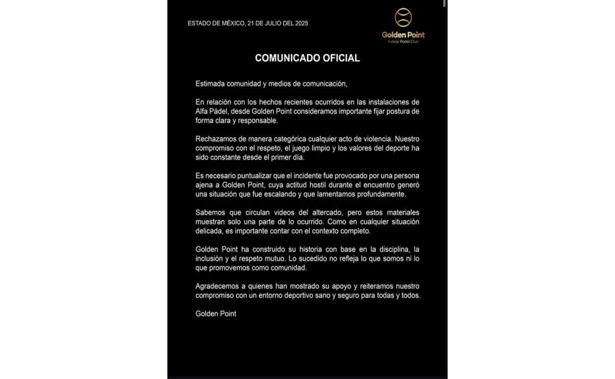 Comunicado de Club Golden Point, tras el incidente en el Club Alfa Pádel. Foto: Especial