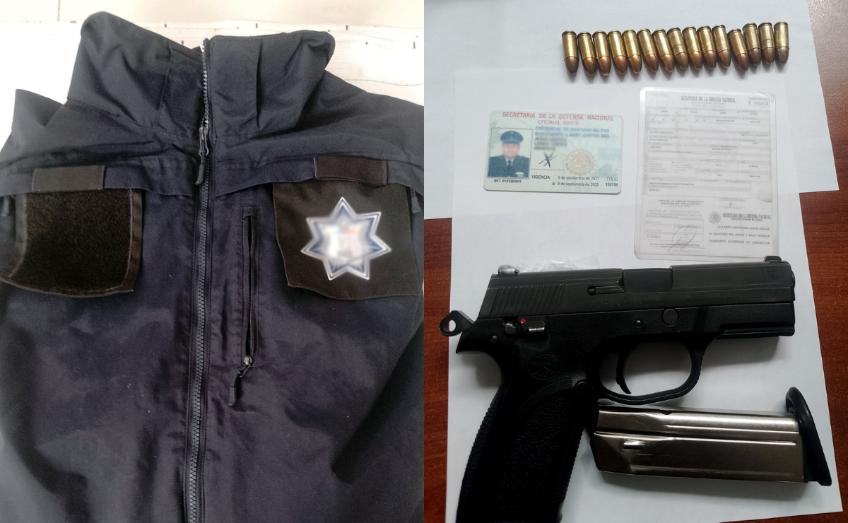 Uniforme falso, arma real. El sujeto detenido en Nicolás Romero fue sorprendido portando una chamarra de la SSEM y un arma de fuego. Foto: Especial