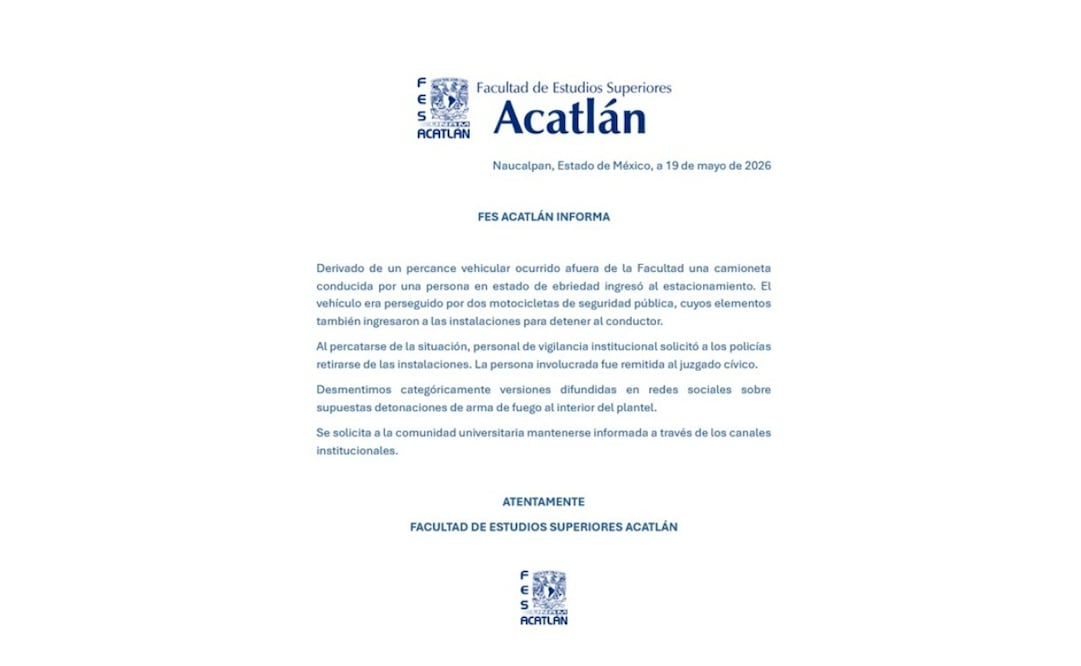 Autoridades de la FES Acatlán aclararon que no se registraron detonaciones de arma de fuego al interior de la facultad. Foto Espeicial