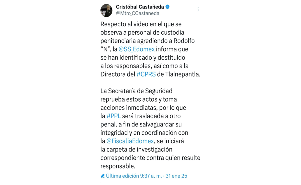 Cristóbal Castañeda, secretario de Seguridad mexiquense indicó que los custodios ya fueron identificados y fueron destituidos. Foto: Captura de pantalla