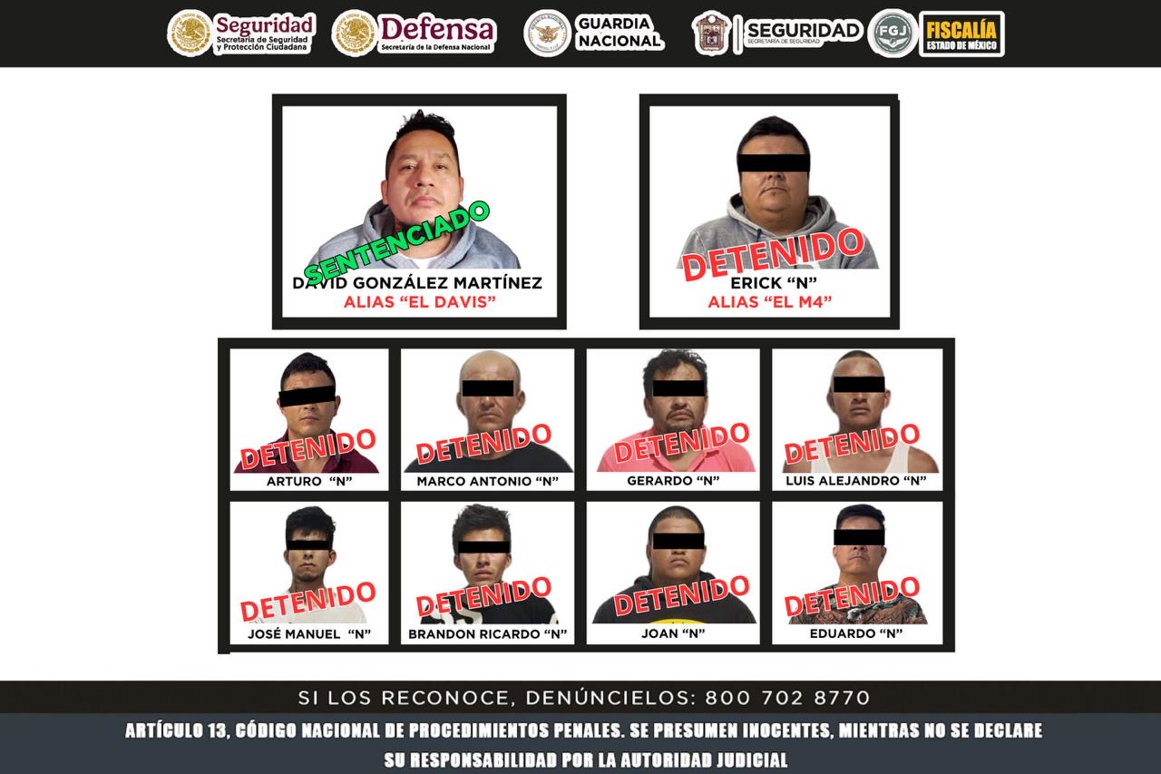 Nicolás Romero, Mex.- Detuvieron a nueve personas en diferentes operativos en el marco de la Estrategia Nacional contra la Extorsión. Los detenidos forman parte de una banda criminal autodenominada “M4”, la cual está relacionada con delitos de alto impacto como extorsión, secuestro y homicidio cometidos en los municipios de Atizapán de Zaragoza, Cuautitlán Izcalli, Nicolás Romero, Tepotzotlán y Tlalnepantla.