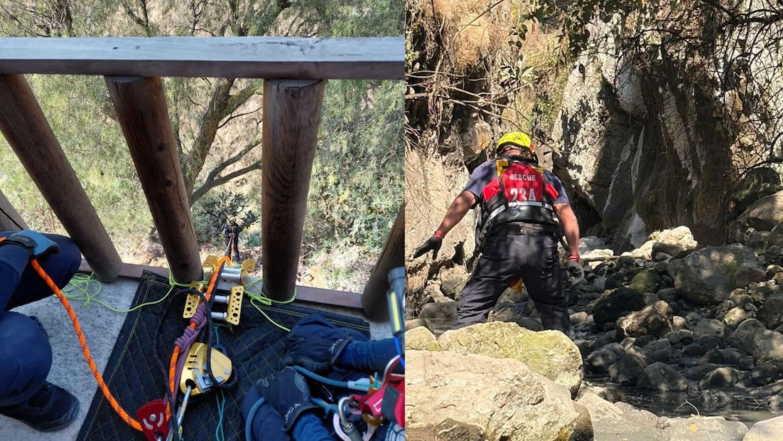 Rescatistas de Protección Civil descienden con equipo de cuerdas por la ladera del barranco en Presa Madín. Foto Especial