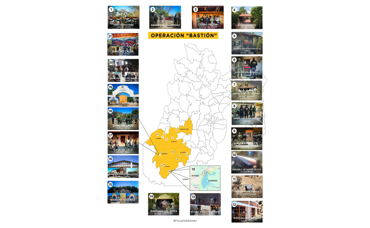 Mapa de la Operación Bastión en Edomex.  Foto: @FiscaliaEdomex / X