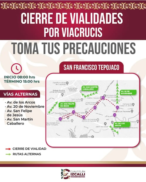 En San Francisco Tepojaco, las alternativas son; Avenidas de Los Arcos, 20 de noviembre, San Felipe de Jesús y San Martín Caballero. Foto. Especial